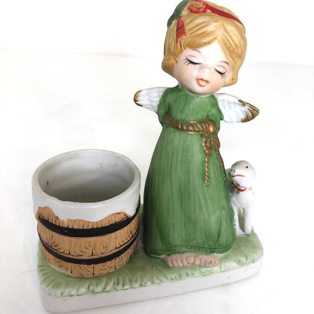 Porcelain Bisque Angel with Lamb Vintage Candle Holder